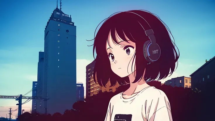 (low contrast), (lofi), (1 girl, black hair, white t-shirts, headphone), (summer)