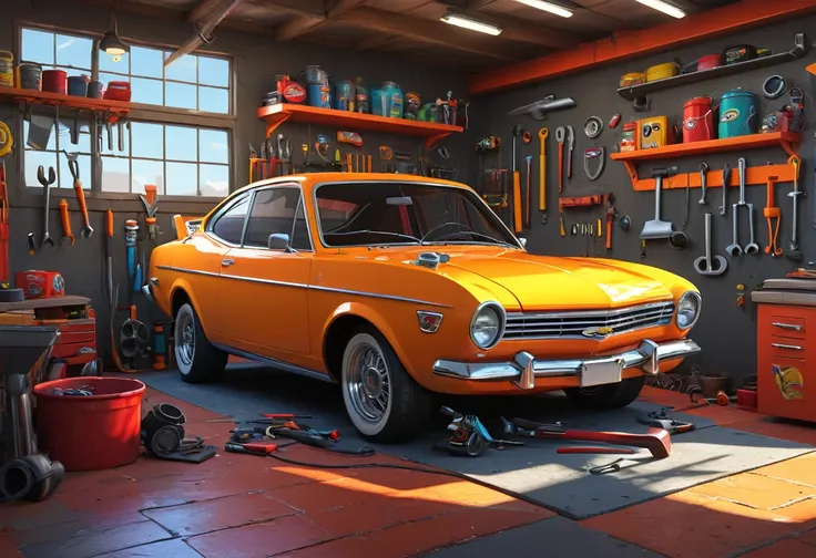 Environment, Generate a concept art of a cartoon car garage with bright, bold colors and exaggerated shapes,
Create a whimsical and colorful cartoon car workshop filled with various tools and car parts.
Cars,
Design a cartoon car with exaggerated features ...