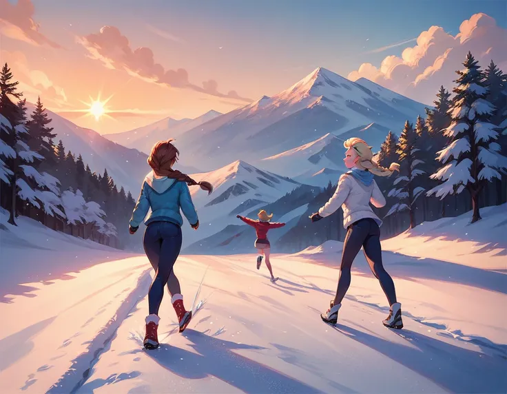 score_9, score_8_up, score_7_up, score_6_up, 2girls, elsa (blonde hair, braid:1.1) and anna (brown hair, braided pigtails:1.3),, romantic scenes, on dates, skiing, lovers, in love, cinematic lighting,, sunset, cowboy shot.