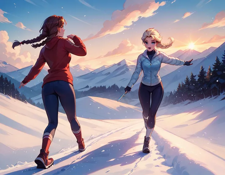 score_9, score_8_up, score_7_up, score_6_up, 2girls, elsa (blonde hair, braid:1.1) and anna (brown hair, braided pigtails:1.3),, romantic scenes, on dates, skiing, lovers, in love, cinematic lighting,, sunset, cowboy shot.