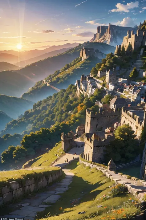 Large city located in medieval times, with big stone walls around it, walls with green mosses, in the southern part there is a mountainous wall, a mountain not so high that at the top of it there is a Sanctuary, In the image we see the orange sunset, the r...