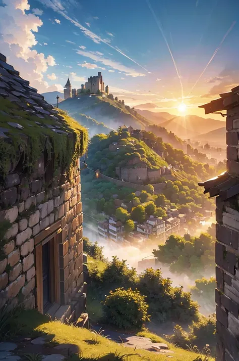 Large city located in medieval times, with big stone walls around it, walls with green mosses, in the southern part there is a mountainous wall, a mountain not so high that at the top of it there is a Sanctuary, In the image we see the orange sunset, the r...