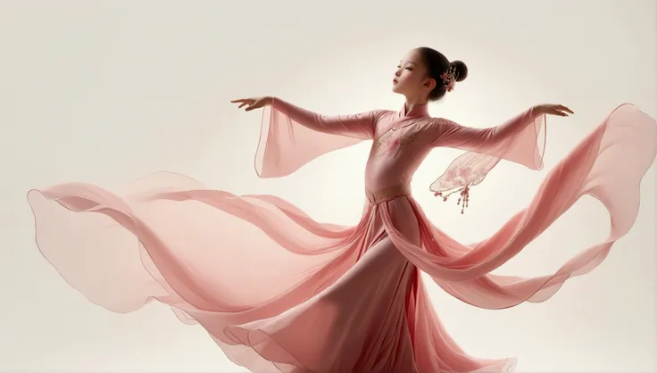 Dance photography；White background，A dancer；A 9-year-old girl in a pink princess dress（Chinese Girl），The movements of the dance；Long hair shawl。whole body，front； Simple style；Depth of Field, Extraordinary details, masterpiece, high quality, 4K，