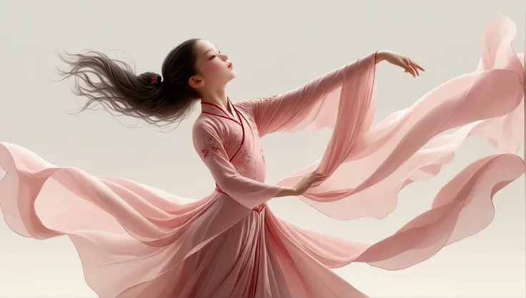 Dance photography；White background，A dancer；A 9-year-old girl in a pink princess dress（Chinese Girl），The movements of the dance；Long hair shawl。whole body，front； Simple style；Depth of Field, Extraordinary details, masterpiece, high quality, 4K，