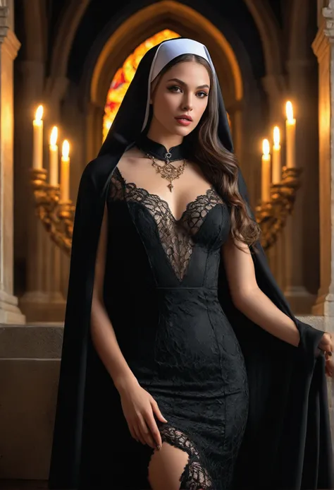 A sexy nun with seductive eyes and full lips., wearing a revealing black lace dress and high heels, poses gracefully in a dimly lit cathedral. its length, Wavy hair cascades down her back., framing her seductive face. The detailed pleats of her dress creat...