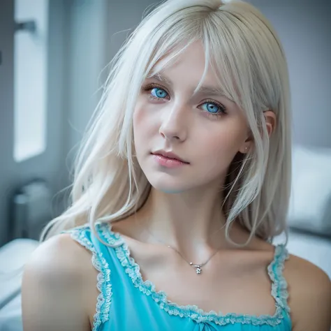 Create image of a beautiful young woman with platinum blonde medium hair and light gray eyes German style fair skin and fluffy lips crying in a hospital wearing a Tiffany blue dress