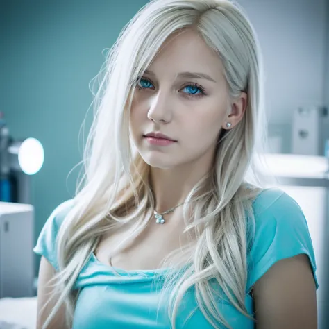 Create image of a beautiful young woman with platinum blonde medium hair and light gray eyes German style fair skin and fluffy lips crying in a hospital wearing a Tiffany blue dress