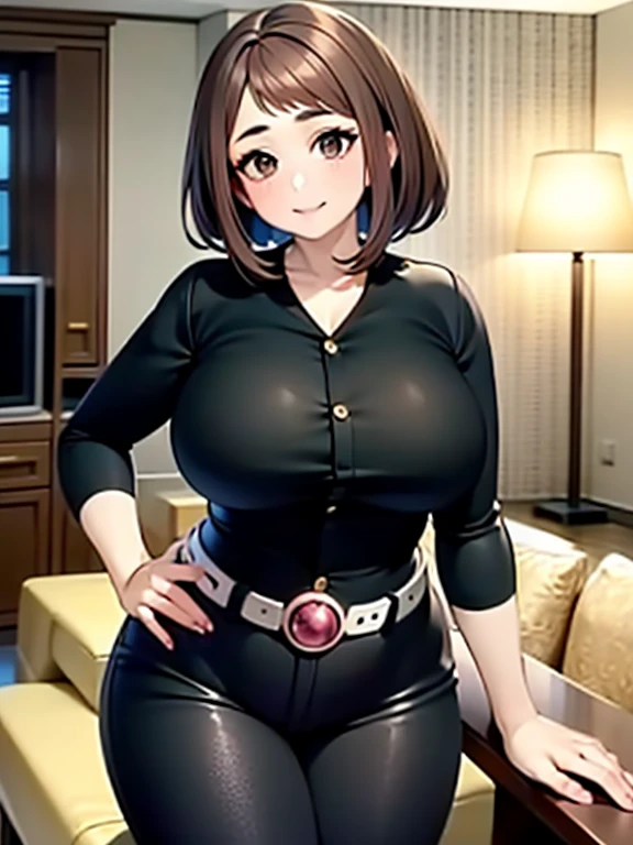 high quality, best quality, beautiful, perfect lighting, detailed face, mature face, ((1girl)), ((solo)), Imagine Ochaco Uraraka as an adult, 45 years old, MILF, plus sized milf, short brown hair, brown eyes, ((blush)), smile, looking at viewer, black leat...