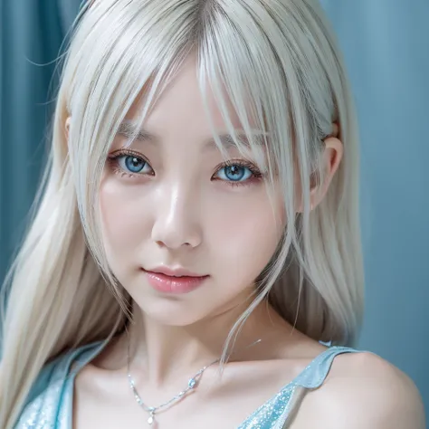 Create image of a beautiful young Asian woman with medium length hair, platinum blonde and light gray eyes with fair skin and cute lips in a hospital wearing a Tiffany blue dress