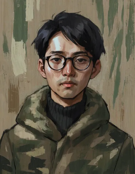 camouflage, portrait, masculinization, abstract，man in coat, black short hair, asian，young people，wear glasses, rough brushstrok...