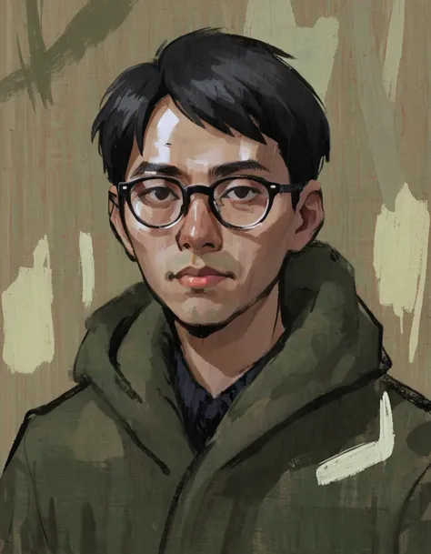 camouflage, portrait, masculinization, abstract，man in coat, black short hair, asian，young people，wear glasses, rough brushstrok...