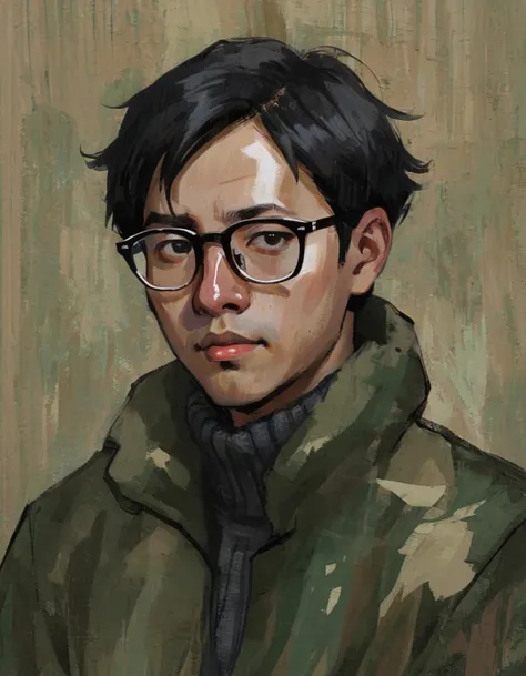 camouflage, portrait, masculinization, abstract，man in coat, black short hair, asian，young people，wear glasses, rough brushstrok...