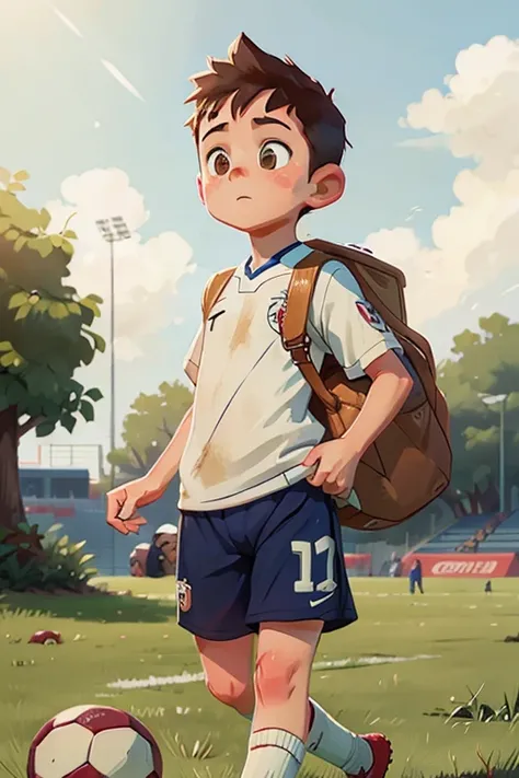 Boy leaving the soccer field due to loss of interest 