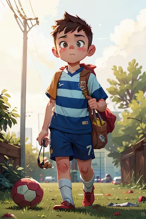 Boy leaving the soccer field due to loss of interest 