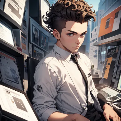 Graphic Designer young man, with curly hair shaved on the sides