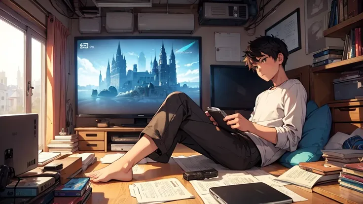 boy sitting, studying at a desk, messy room, with tv, videogame