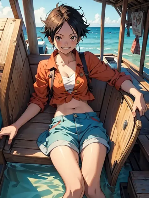 A female version of Luffy, alone, inside a boat with a happy look and an open smile