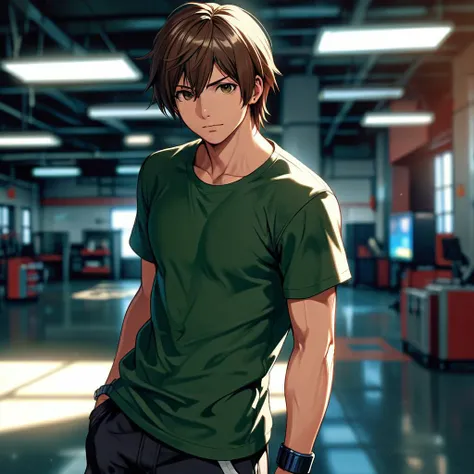 cheet character, a young teenager, called Akira, handsome face, brown hair, green eyes, 17 years old, wearing a basic dark green t-shirt, black shorts, "semi-realistic, style of the game the king of fighters" pozes 8k dynamic pozes fight