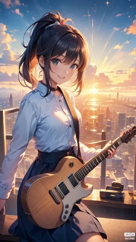 Tabletop, Highest quality,figure, wallpaper, Super detailed, Absurd, 16-year-old girl, alone, (ponytail、play the guitar、Face Smile、Overlooking the city from the top of the hill、The sunset is beautiful