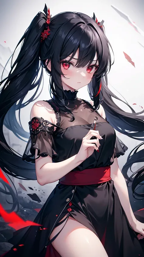 a beautiful girl with long black hair and striking red eyes, wearing a casual dress, with twin tails hairstyle, detailed facial features, 4k, 8k, best quality, masterpiece, ultra-detailed, photorealistic, vibrant colors, dramatic lighting, intricate detail...