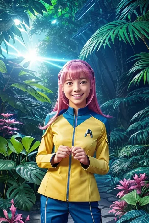 anime illustration, (Sadie Wilkinson wearing a Star Trek uniform, smiling warmly, communicating with an alien creature), (in a lush, alien jungle, vibrant plant life, bioluminescent organisms), (bright and vibrant colors, whimsical, highly detailed, profes...