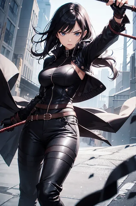 (Woman warrior)、((Holding a whip))、Bullish expression、Jacket、Gloves、Black Hair、Medium Hair、Durable clothes、Trained biceps、pants