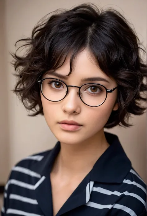 cute girl, cute face, short, short hair, black hair , wavy hair, brown eyes, a very pretty face with fine features, eyes with dark circles, small breasts, thin and wears glasses, wears a pajama, dark style,, calm and indifferent expression.