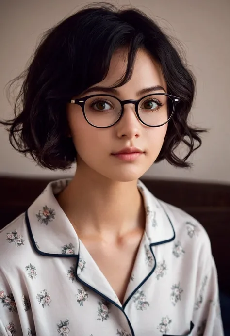 cute girl, cute face, short, short hair, black hair , wavy hair, brown eyes, a very pretty face with fine features, eyes with dark circles, small breasts, thin and wears glasses, wears a pajama, dark style,, calm and indifferent expression.