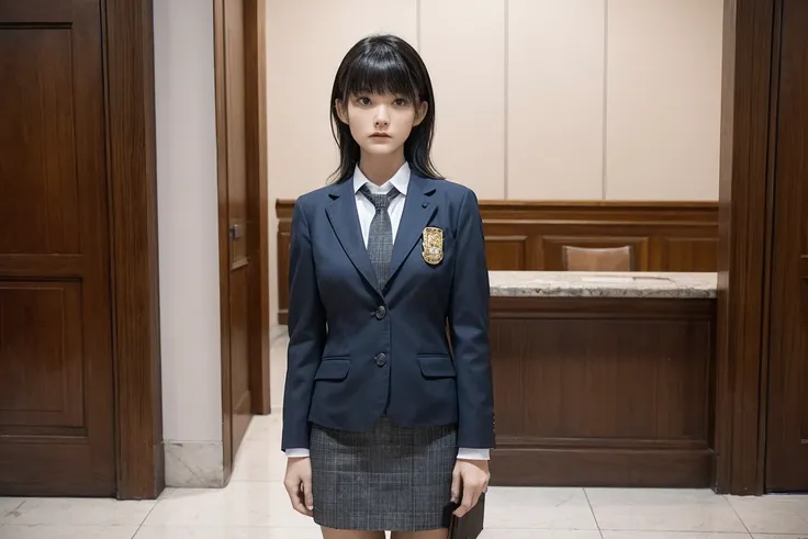 girl, alone, bangs, lawyer, tribunals of the court, marble floor, wooden furniture, justice badge, courtroom argument, standing,...