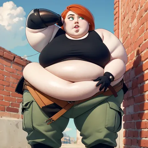 1fat girl, body plus, ssbbw (cartoon:1.3), detailed eyes, looking at the viewer Orange-red hair, green eyes, confident expression, black crop top, black gloves, brown belt, green cargo pants, pale skin, thin eyebrows