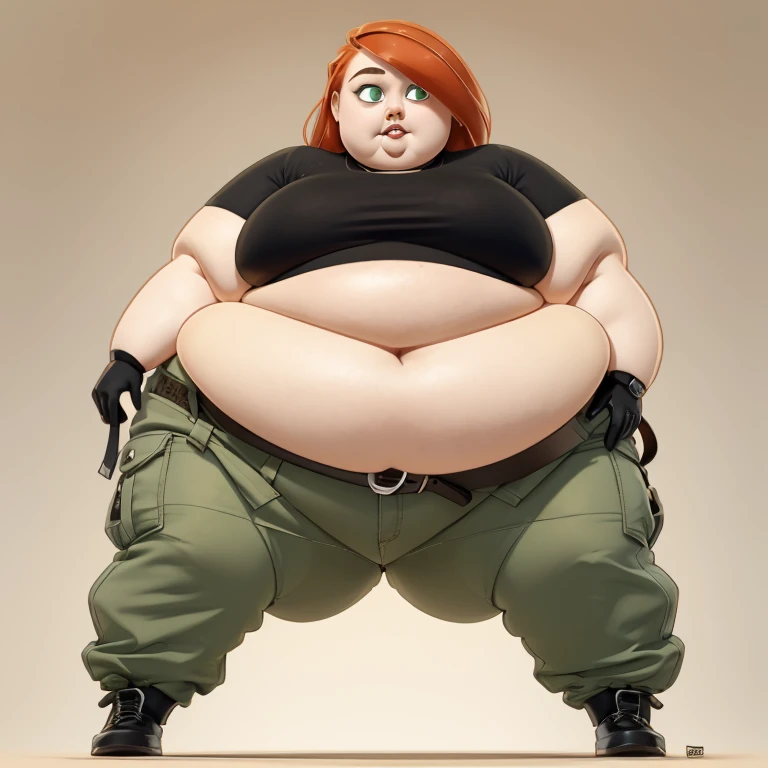 1fat girl, body plus, ssbbw (cartoon:1.3), detailed eyes, looking at the viewer Orange-red hair, green eyes, confident expression, black crop top, black gloves, brown belt, green cargo pants, pale skin, thin eyebrows