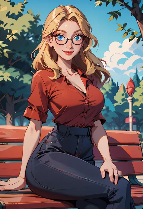 th3t4styl3, 1girl, breasts, crossed legs, solo, pants, blonde hair, sitting, long hair, shirt, outdoors, glasses, red shirt, loo...