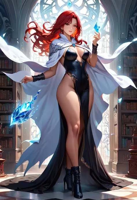 a masterwork picture of a sorceress casting a spell in magical library, exquisite beautiful woman, dynamic hair color, dynamic hair style, ((full body shot: 1.5)), ((anatomically correct: 1.5)),  (ultra detailed face: 1.2), best detailed face,  high detail...