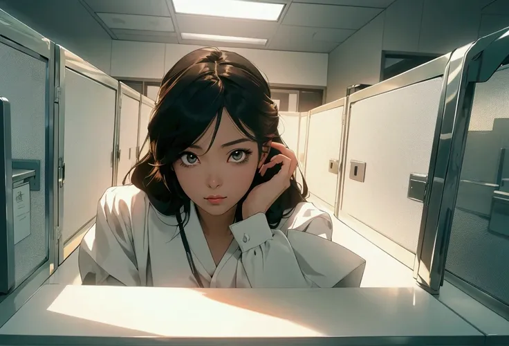 (SFW), masterpiece, best quality, anime art style, office worker imprisoned in cubicle cage