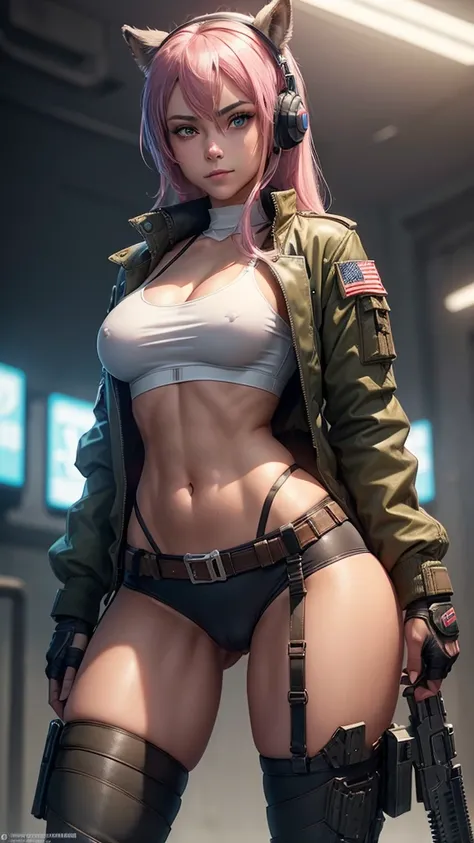 (Beautiful mercenary girl: 1.5), pretty girl, pretty face, sexy girl, young girl, 20 years old, pink hair, blue eyes, beautiful smile, long hair, straight hair, medium breasts, very thin waist, wide hips, gap between thighs, (she is wearing a white top, sh...