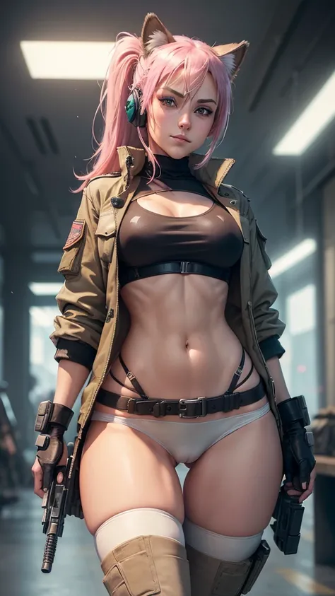 (Beautiful mercenary girl: 1.5), pretty girl, pretty face, sexy girl, young girl, 20 years old, pink hair, blue eyes, beautiful smile, long hair, straight hair, medium breasts, very thin waist, wide hips, gap between thighs, (she is wearing a white top, sh...