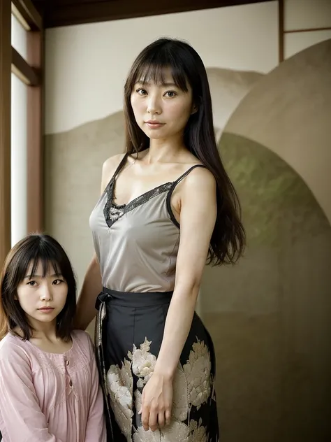 a beautiful japanese woman in her 40s, her 10 year old daughter,