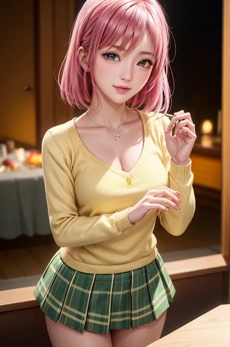 ph momo, momohd, phmomo, solo, 1girl,  pink hair, purple eyes, short hair, hair flower, sweater vest, ,(yellow sweater:1.2), big eyes, plaid skirt, black thighhighs, (masterpiece:1.6, best quality),  (finely detailed beautiful eyes: 1.2), ultra-detailed, i...