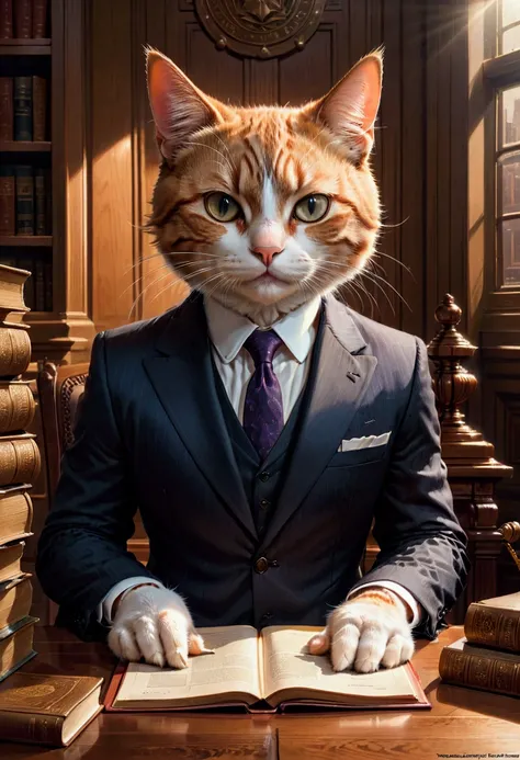 1cat, Lawyer, a lawyer cat in court, highly detailed, studio lighting, ultra-detailed, extremely intricate, cinematic light, dramatic lighting, elegant, sophisticated, expressive eyes, exquisite facial features, tailored suit, courtroom background, wooden ...