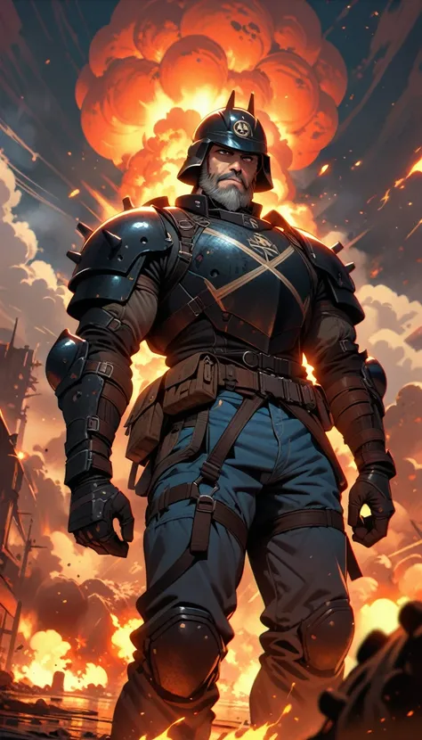 ((best quality)) , ((masterpiece)) , (detailed)，1boy, male focus, solo, shirt, helmet, pants, denim, armor, facial hair, blue pants, gloves, beard, jeans, holding,beautiful detailed glow,((flames of war)),(((nuclear explosion behide)))