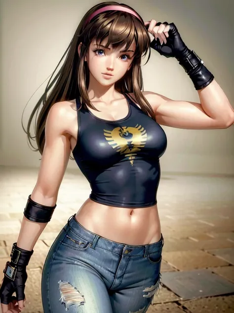 (masterpiece, best quality:1.3)
doahitomi, 1girl, solo, long hair, gloves, navel, hairband, midriff, pants, tears, fingerless gl...