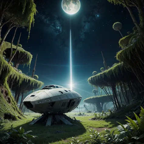 space ship crashed on planet engulfed by alien plants