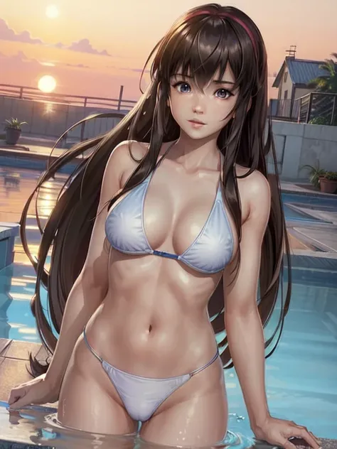 (masterpiece, best quality:1.3)
DOAHitomi, 1girl, solo, long hair, bangs, rooftop pool, sunset, vibrant and colorful light reflecting on the water