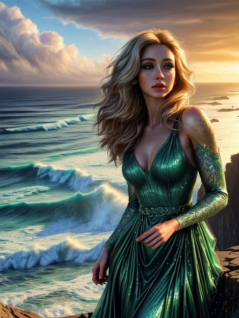 a beautiful young woman, a woman in a green celtic dress with glitter, woman on a cliff at the irish coast, blond hair, blue eyes, stunning landscape, beautiful detailed eyes, beautiful detailed lips, extremely detailed face and skin, longeyelashes, intric...