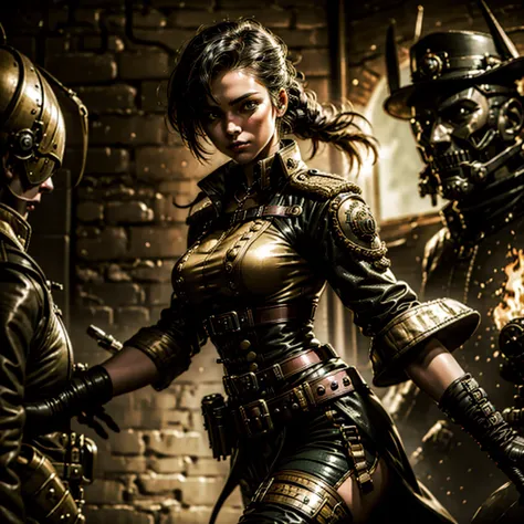 a woman in a steampunk military uniform is ready to fight in a battlefield, surrounded by threatening surreal figures.