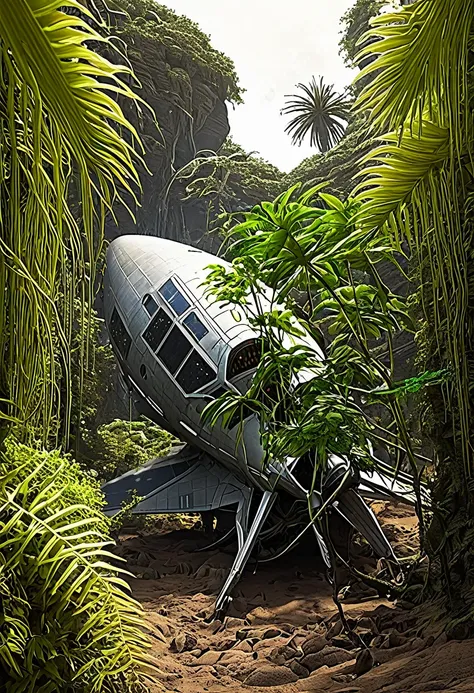 space ship crashed on planet, covered by climbing alien plants