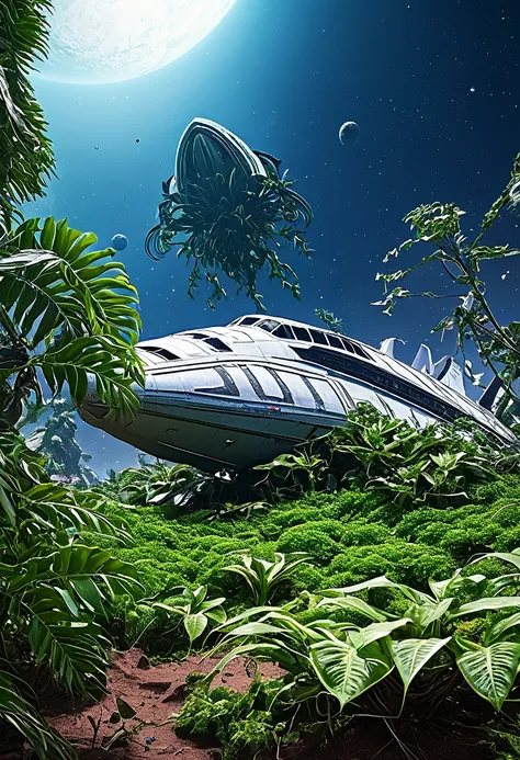 space ship crashed on planet, covered by climbing alien plants