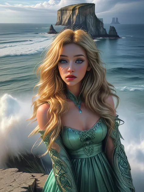 a beautiful young woman, a woman in a green celtic dress with glitter, woman on a cliff at the irish coast, blond hair, blue eyes, stunning landscape, beautiful detailed eyes, beautiful detailed lips, extremely detailed face and skin, longeyelashes, intric...