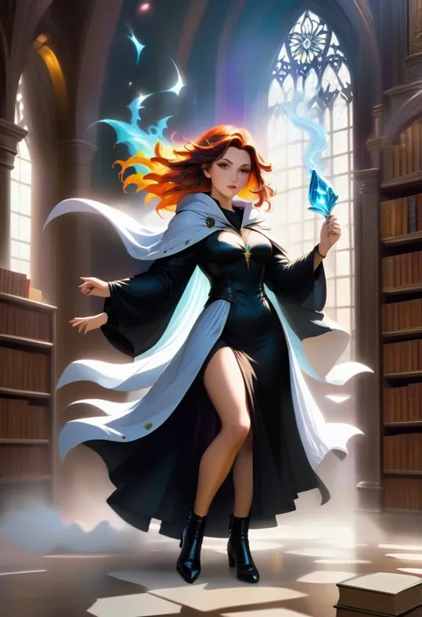 a masterwork picture of a sorceress casting a spell in magical library, exquisite beautiful woman, dynamic hair color, dynamic hair style, ((full body shot: 1.5)), ((anatomically correct: 1.5)),  (ultra detailed face: 1.2), best detailed face,  high detail...