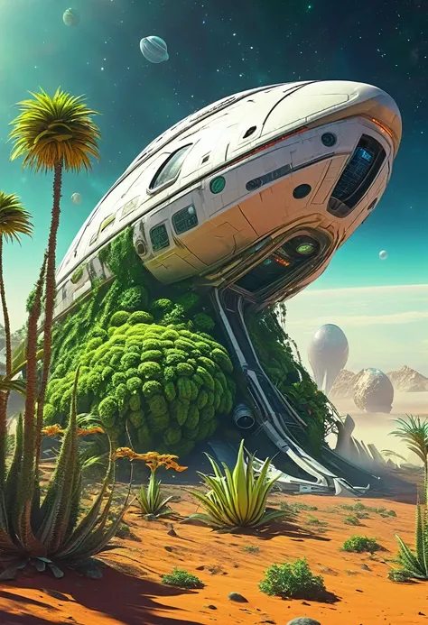 space ship crashed on planet, covered by climbing alien plants